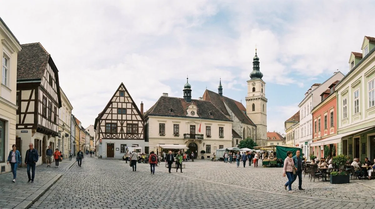 Hauptplatz von Mödling mit Rathaus und historischen Häusern